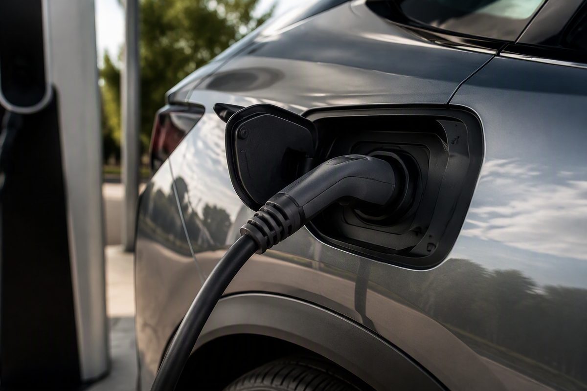 EV charging cable plugged into an electric car charging port